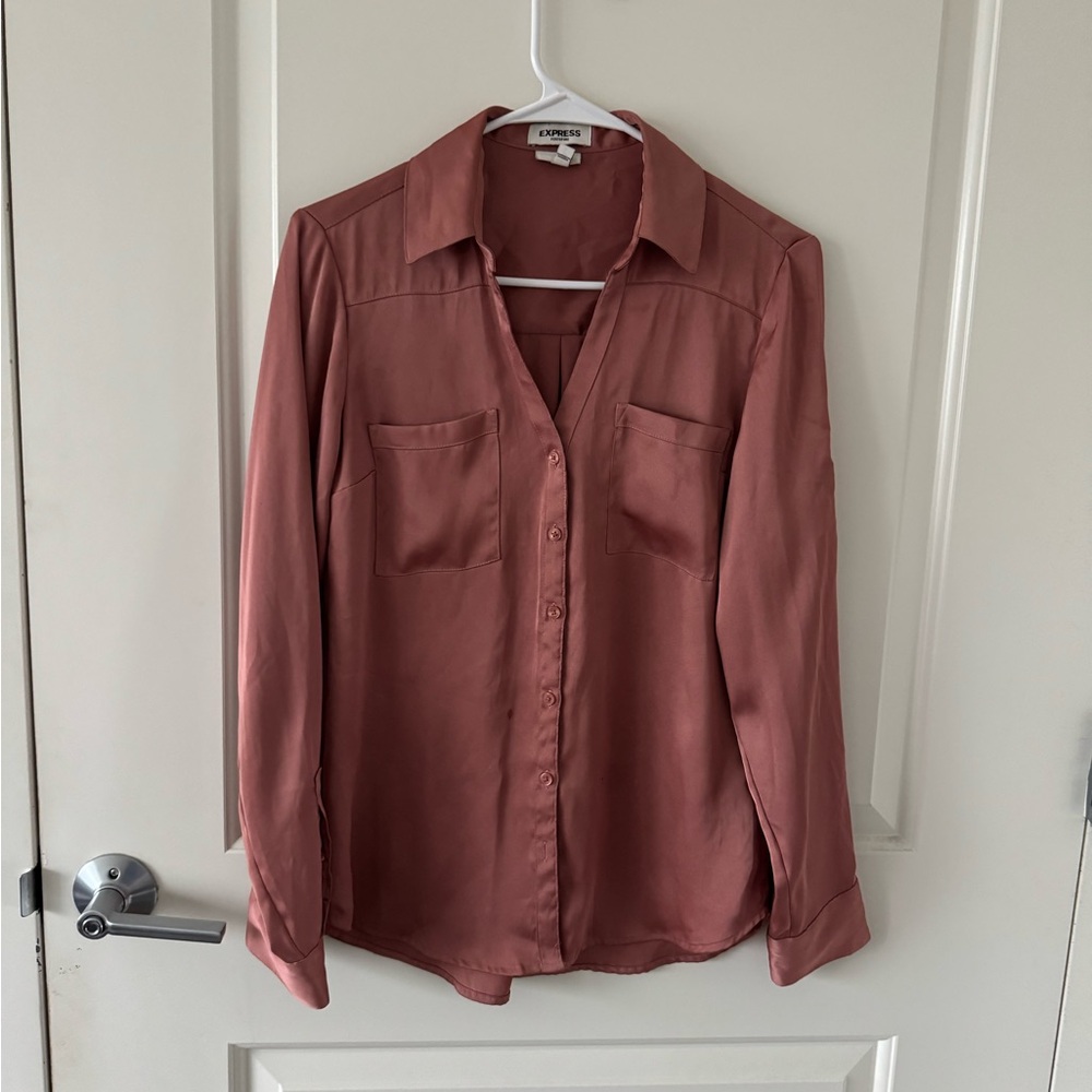 Pink Satin Slim Portofino Button-Up Blouse